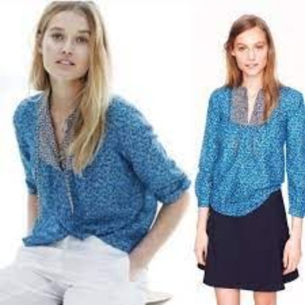 J. Crew Woman's Sz 2 Blue Flower Patch Peasant Top Blouse Lightweight